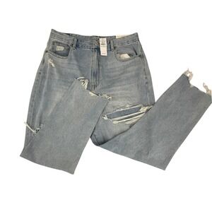 American Eagle Mom Jeans Women 14 Light Blue Distressed High Rise Curvy Denim
